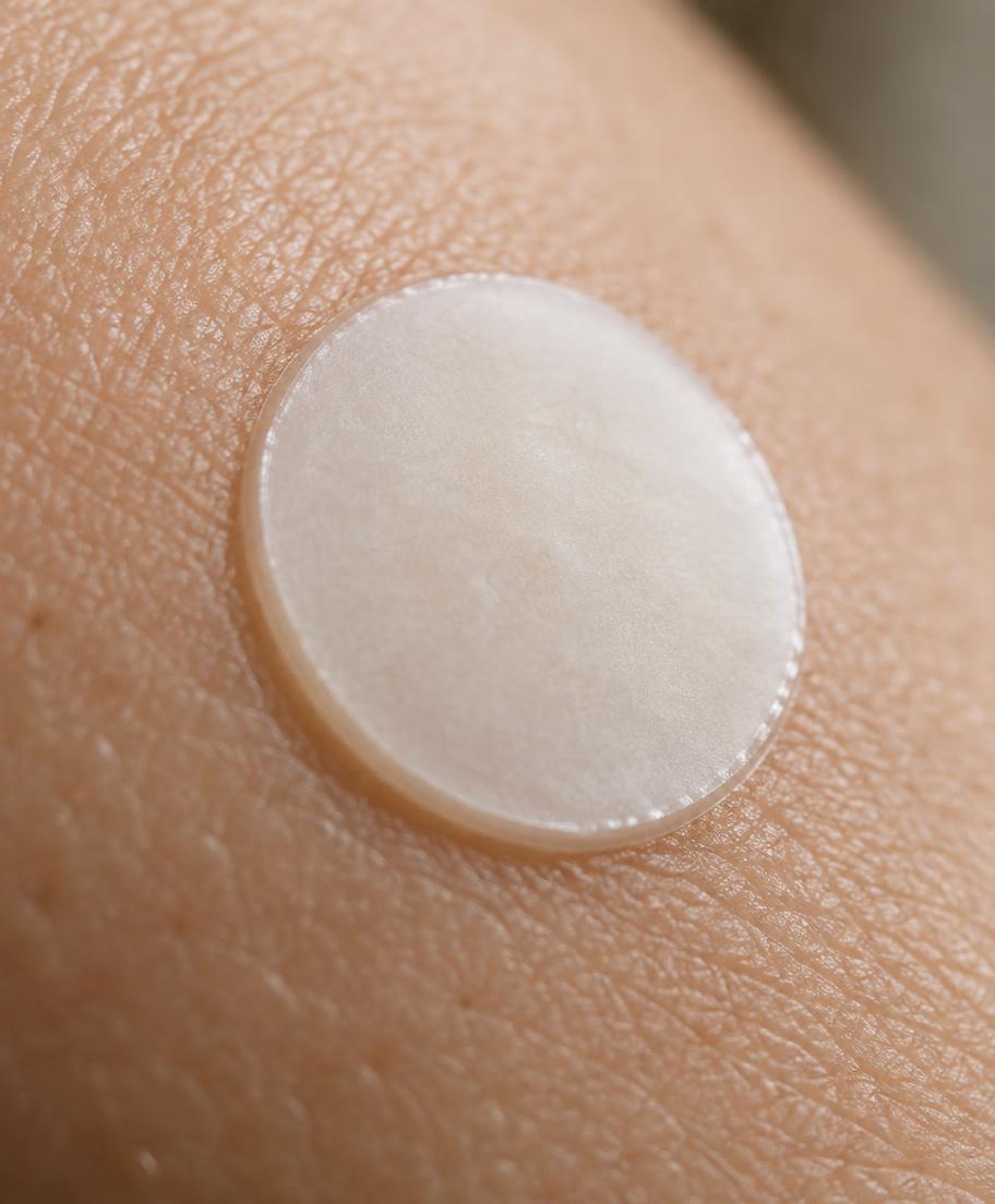 Macro photograph of a thick opaque white hydrocolloid dot sitting proud of the skin, its raised edge catching the light.